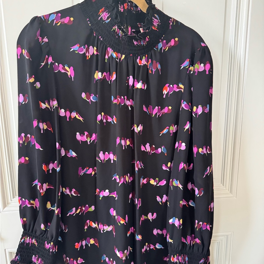 Kate spade Black Smocked-Neck Long Sleeve Top with Pink Multi Bird Print